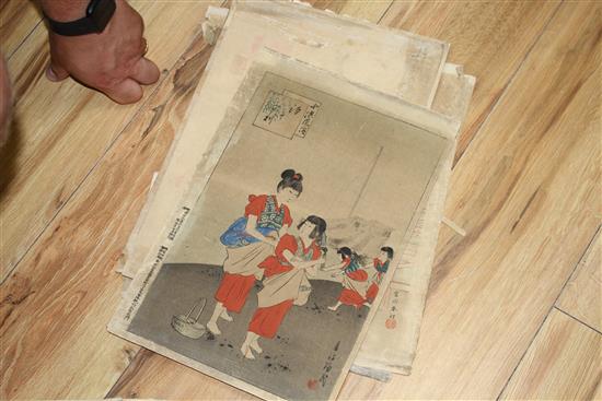 A group of eighteen Japanese woodblock prints, unframed, 36 x 24cm